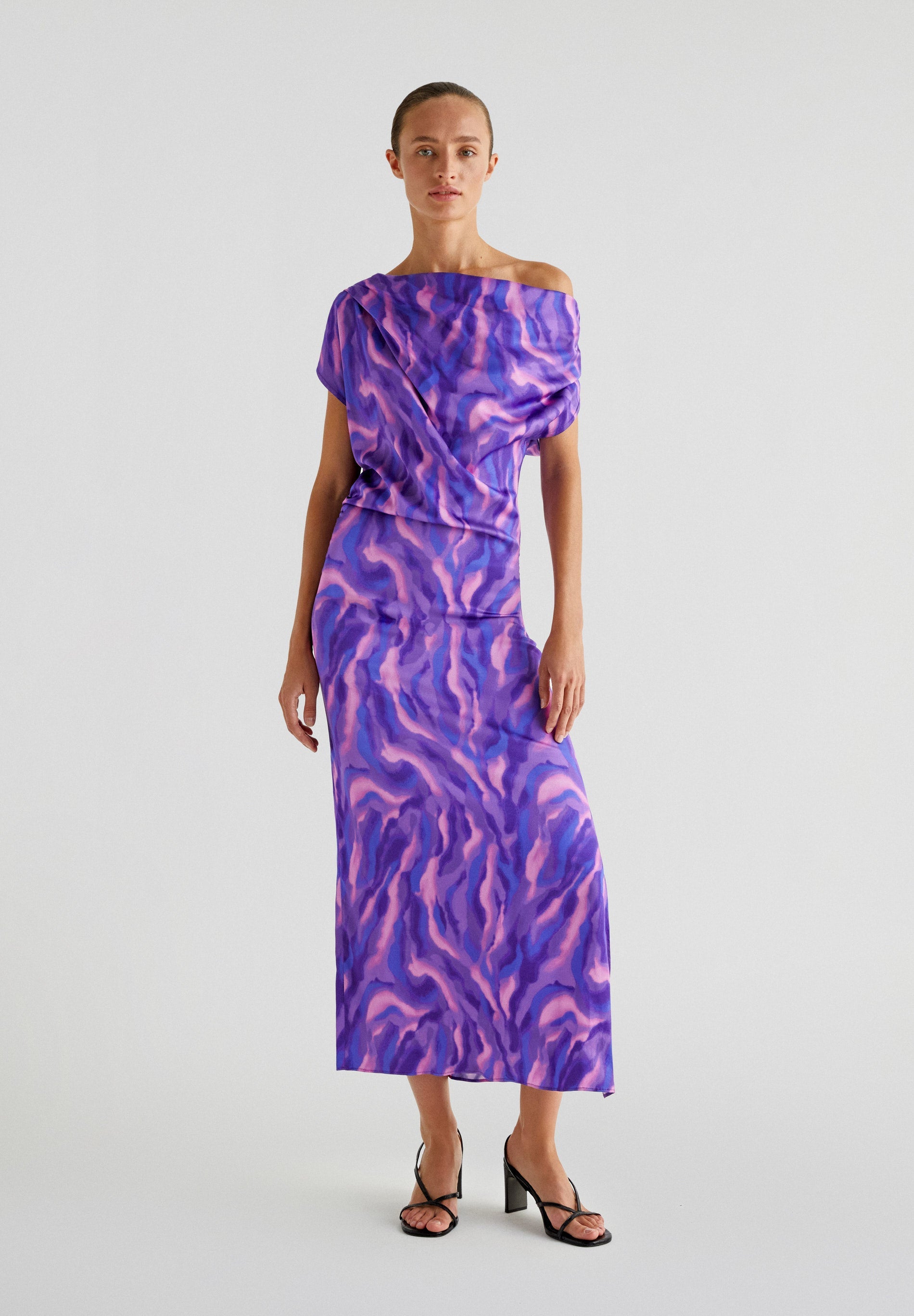 PRINTED ASYMMETRIC NECKLINE DRESS