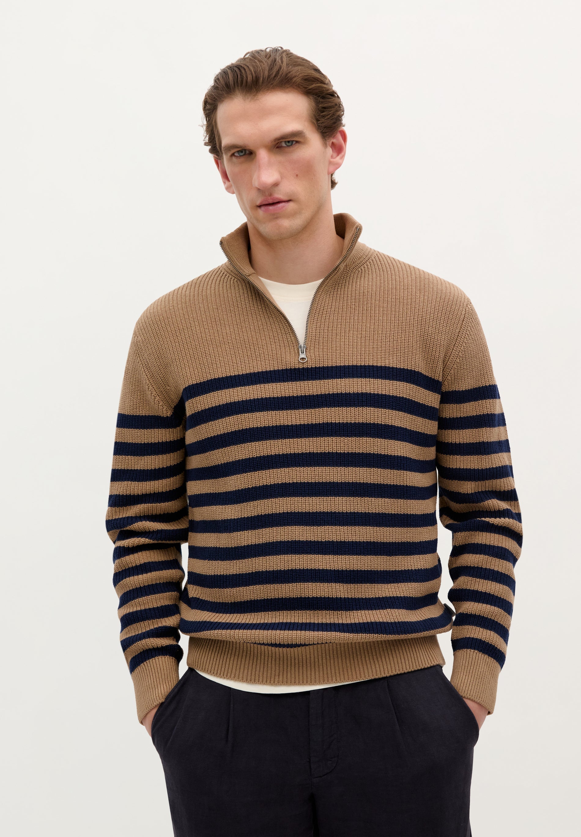 STRIPED RIB-KNIT SWEATER WITH ZIP