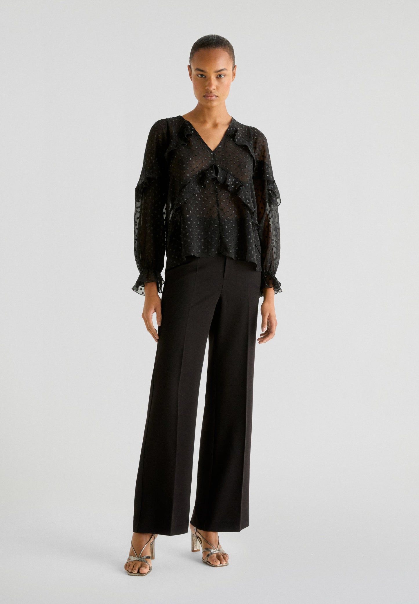 SHIMMERY SEMI-SHEER BLOUSE WITH RUFFLES