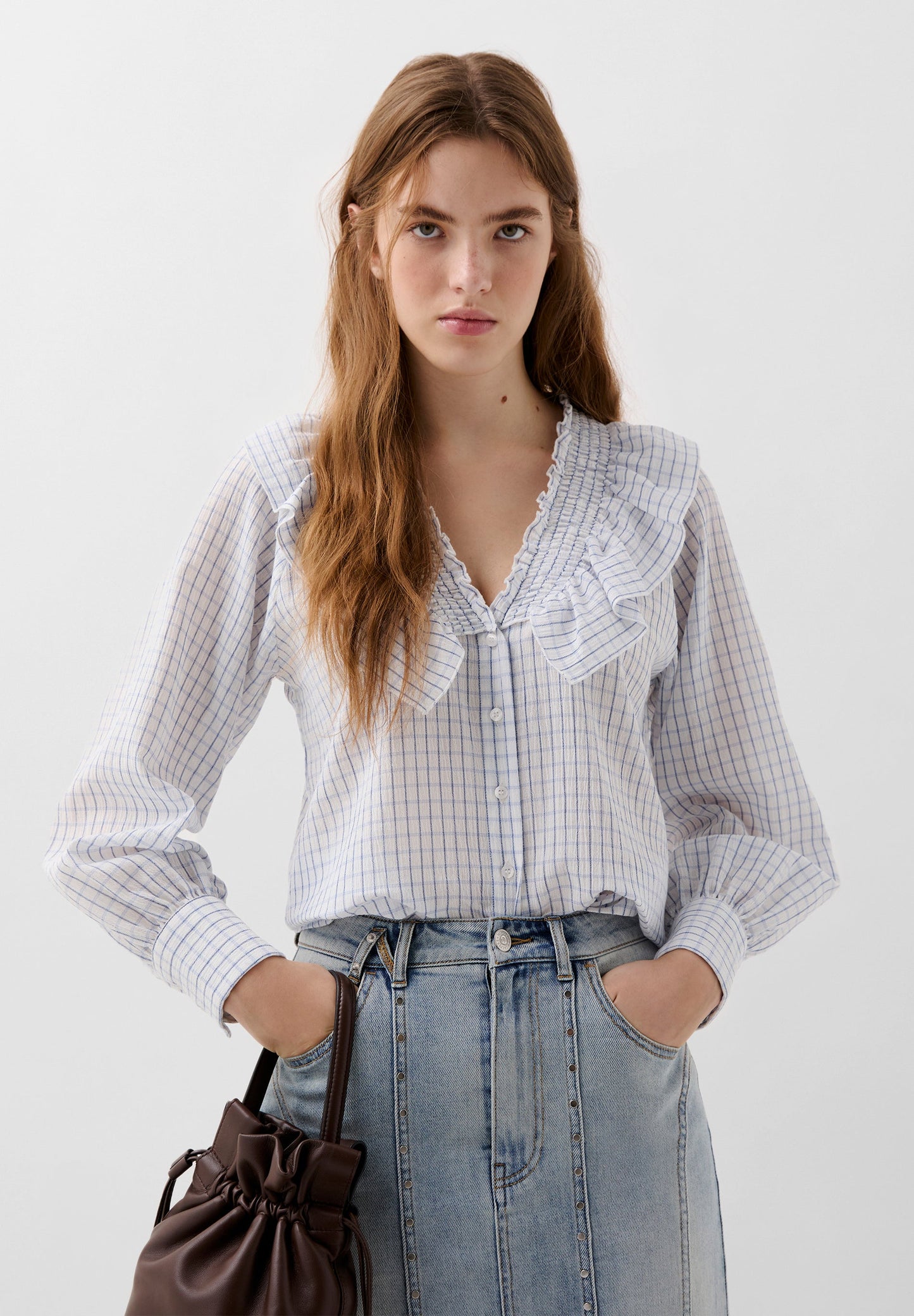 RUFFLED CHECK BLOUSE