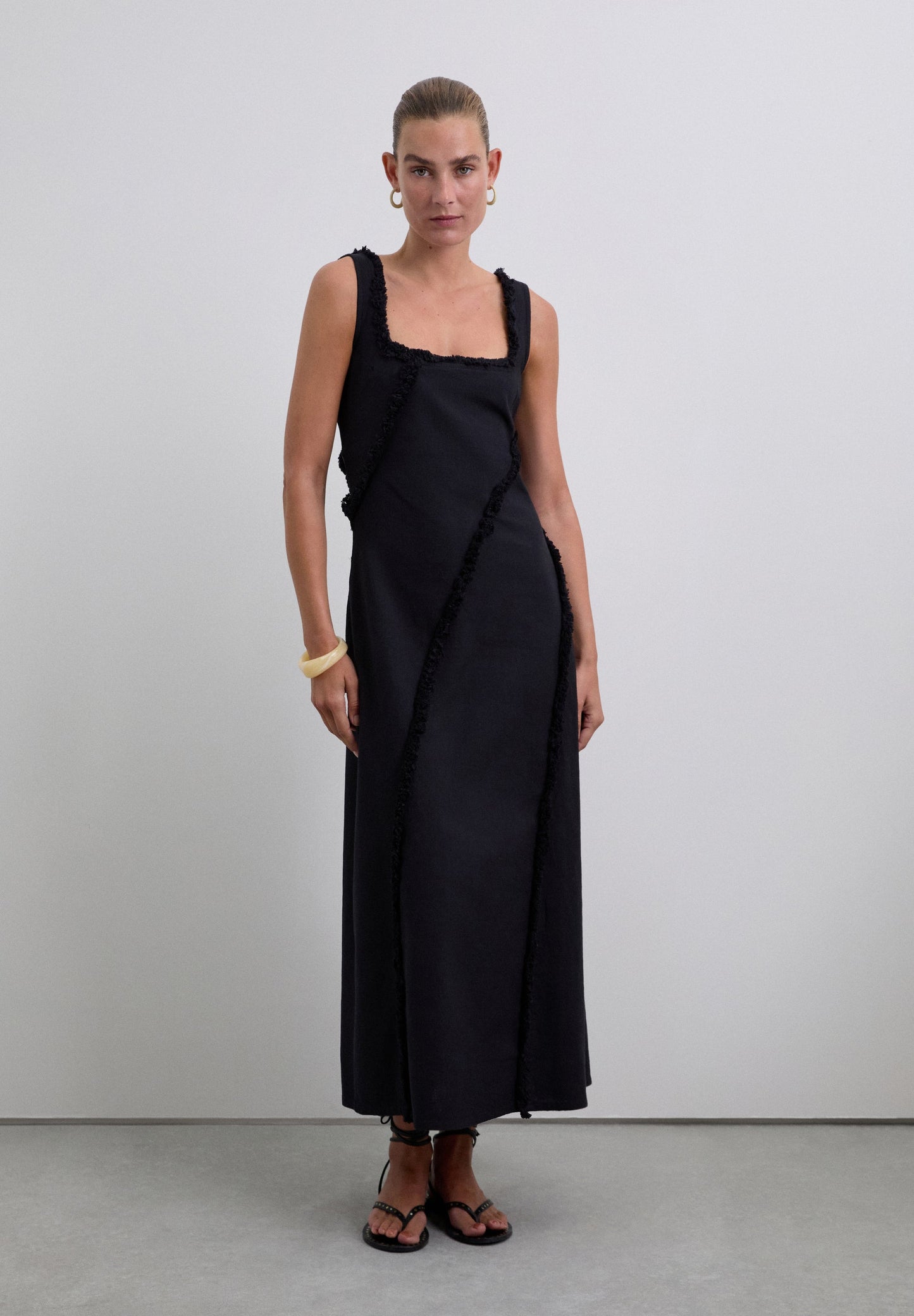 FRINGED DRESS WITH TOPSTITCHING