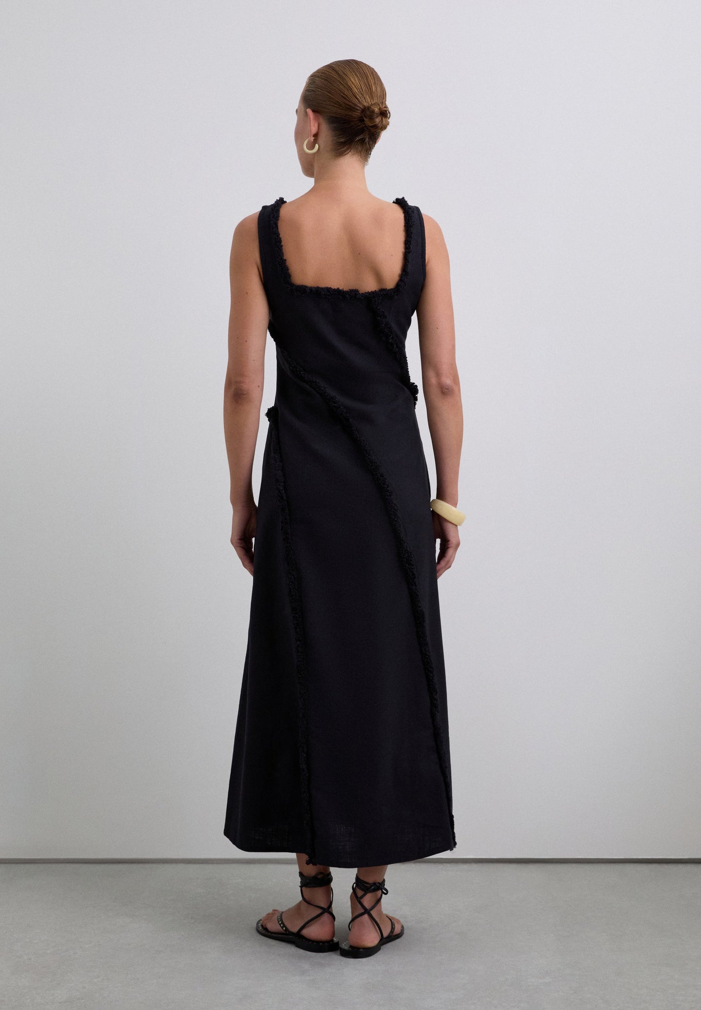 FRINGED DRESS WITH TOPSTITCHING