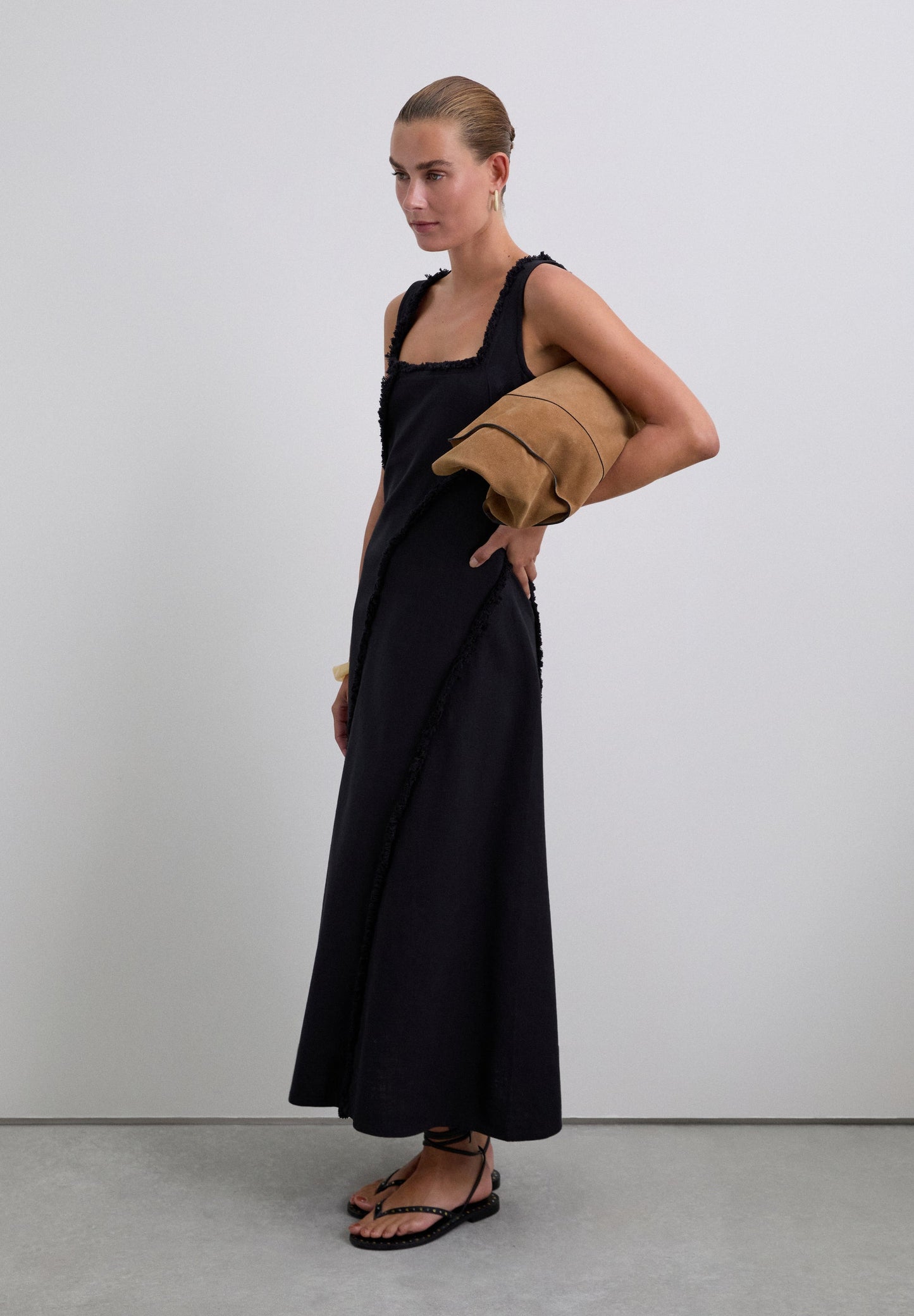 FRINGED DRESS WITH TOPSTITCHING