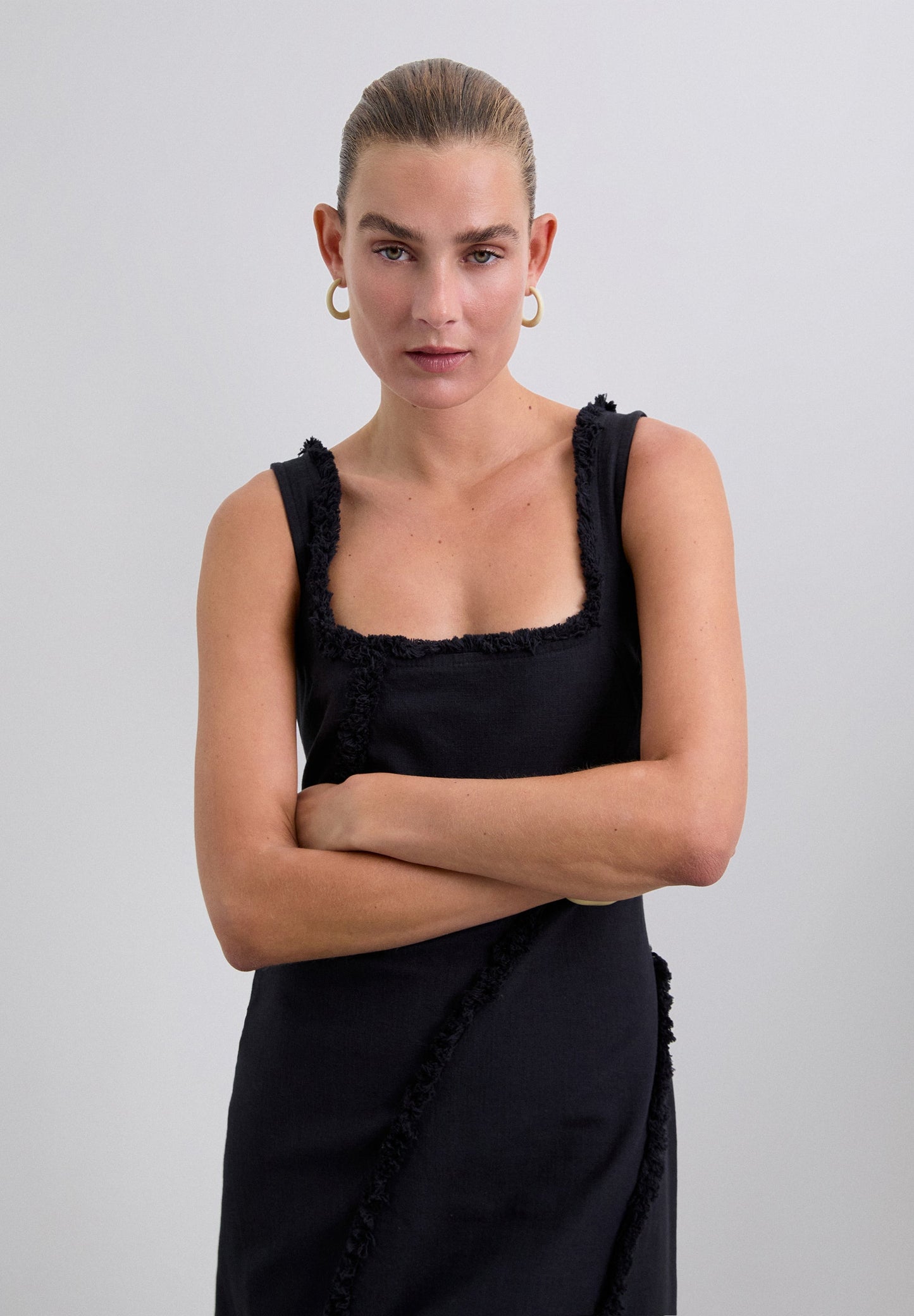 FRINGED DRESS WITH TOPSTITCHING