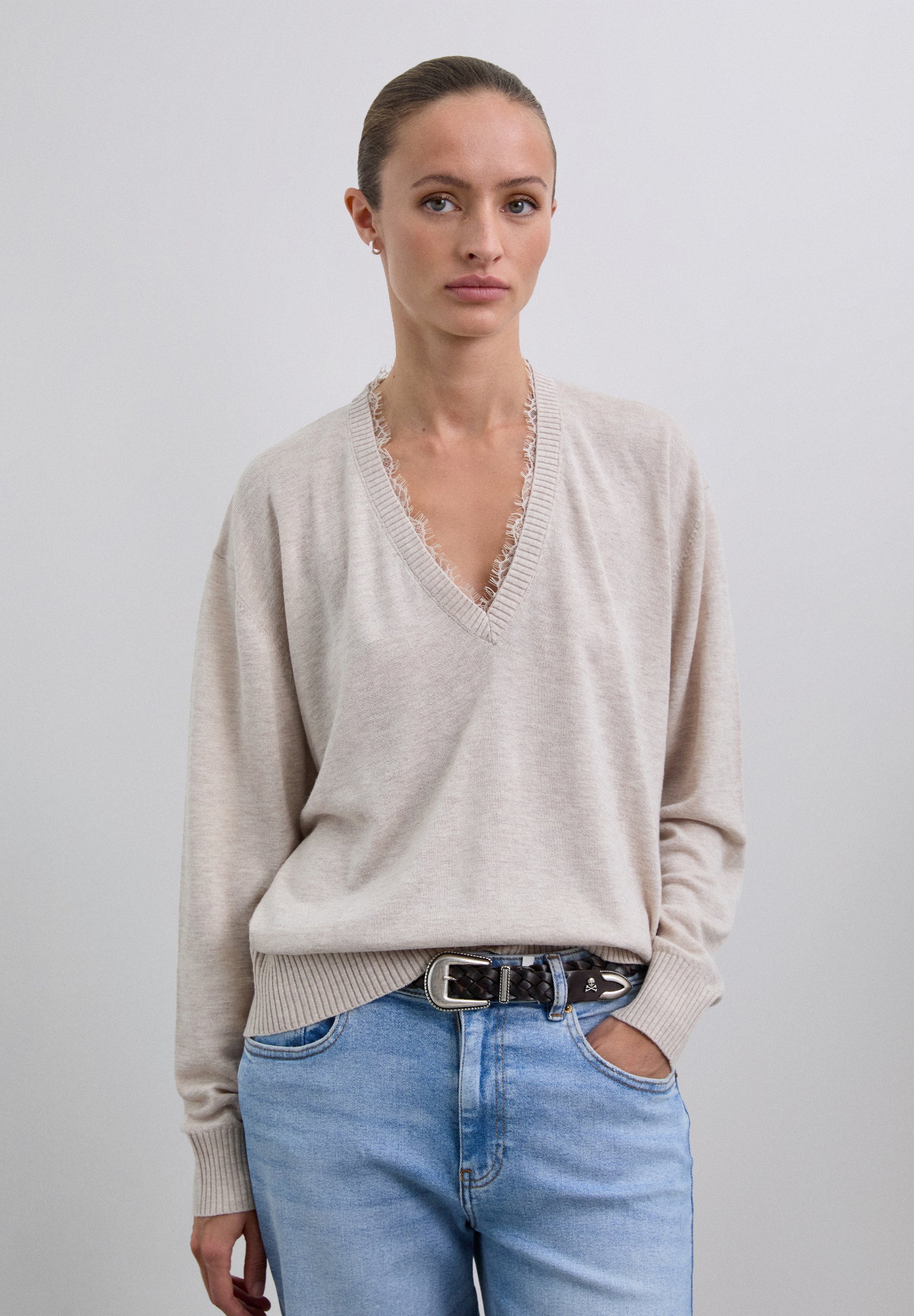 V-NECK SWEATER WITH LACE