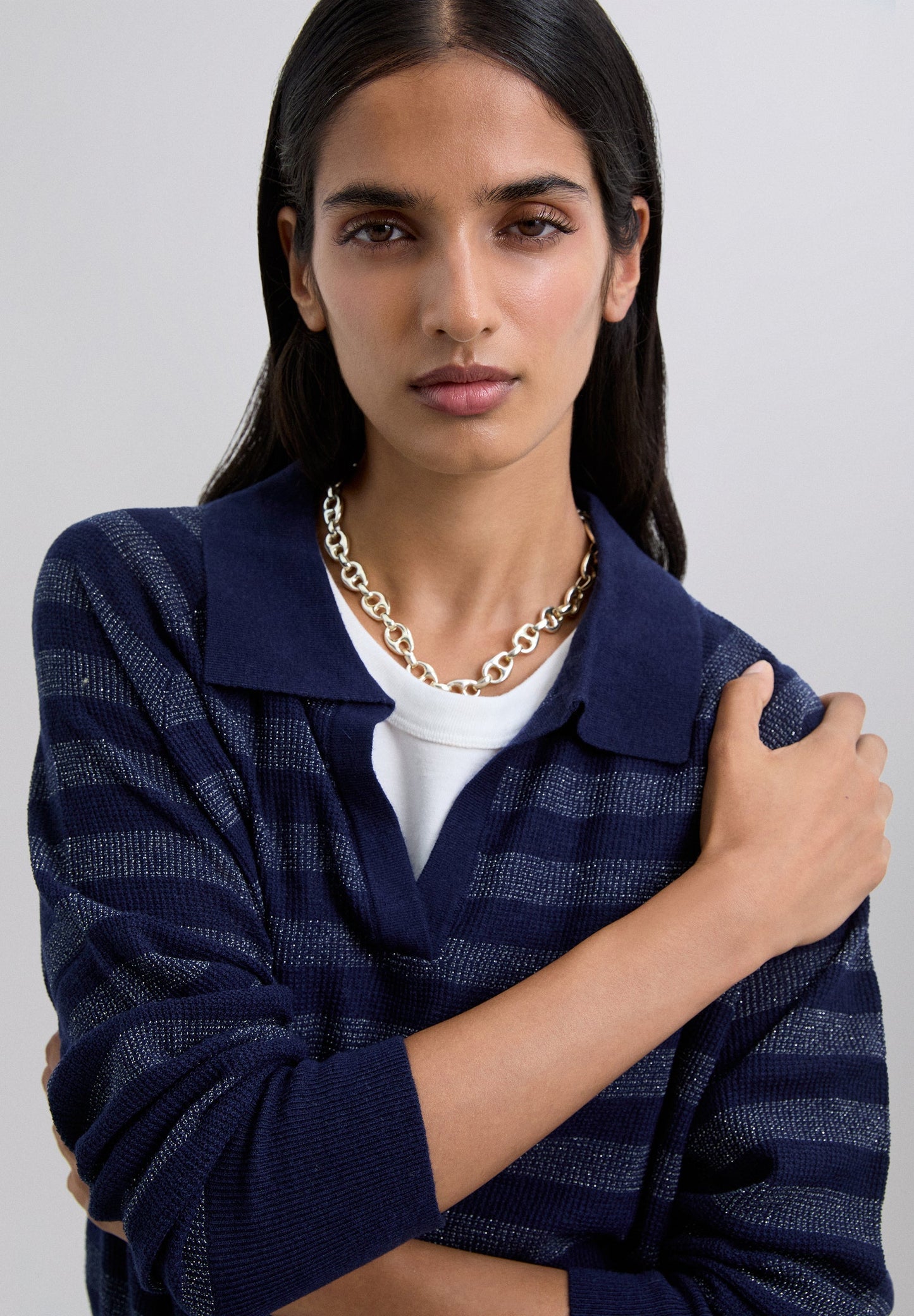 METALLIC STRIPE POLO SWEATER