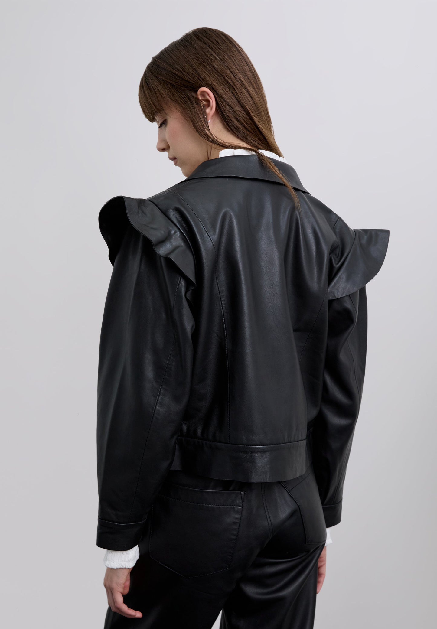 LEATHER BOMBER JACKET WITH RUFFLES