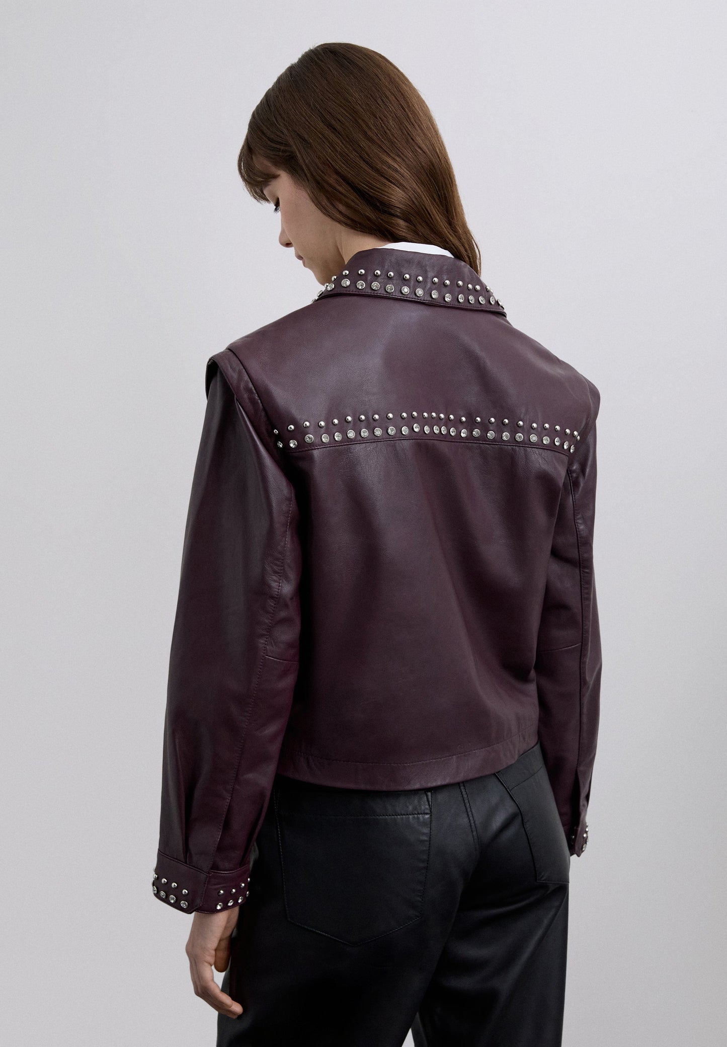 BURGUNDY LEATHER STUDDED JACKET