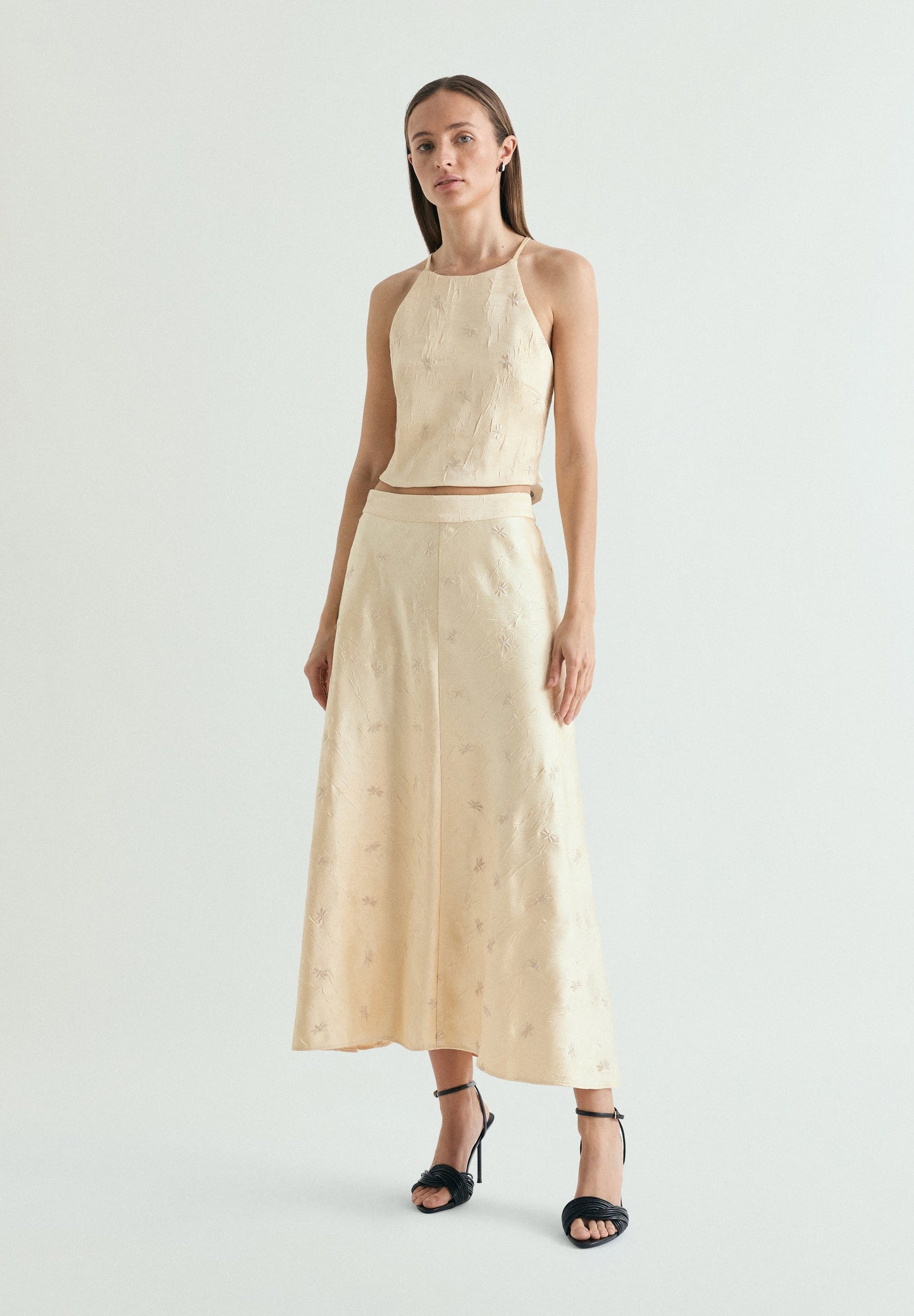 RUFFLED HALTER TOP WITH EMBROIDERY