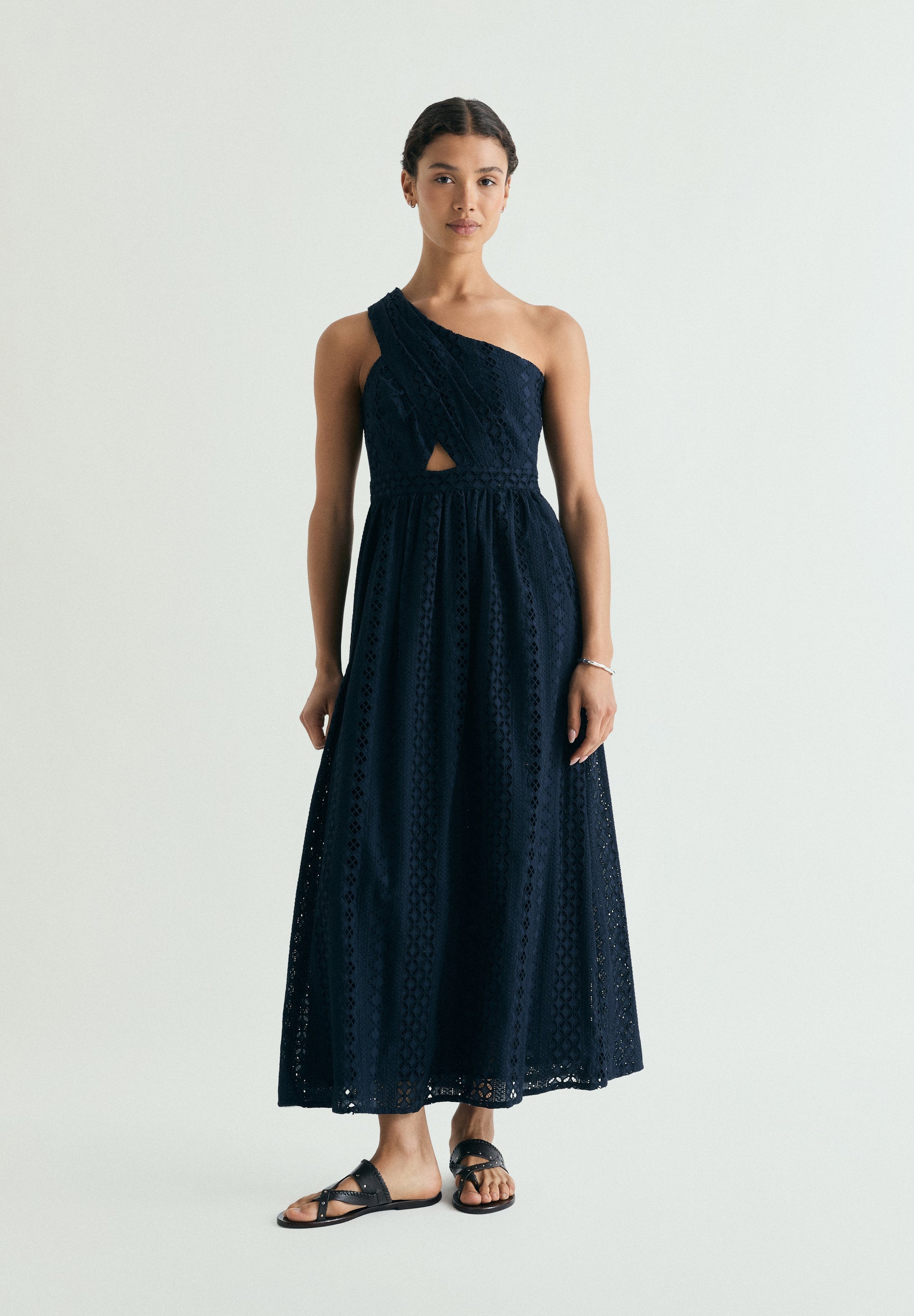 ASYMMETRIC EMBROIDERED MIDI DRESS