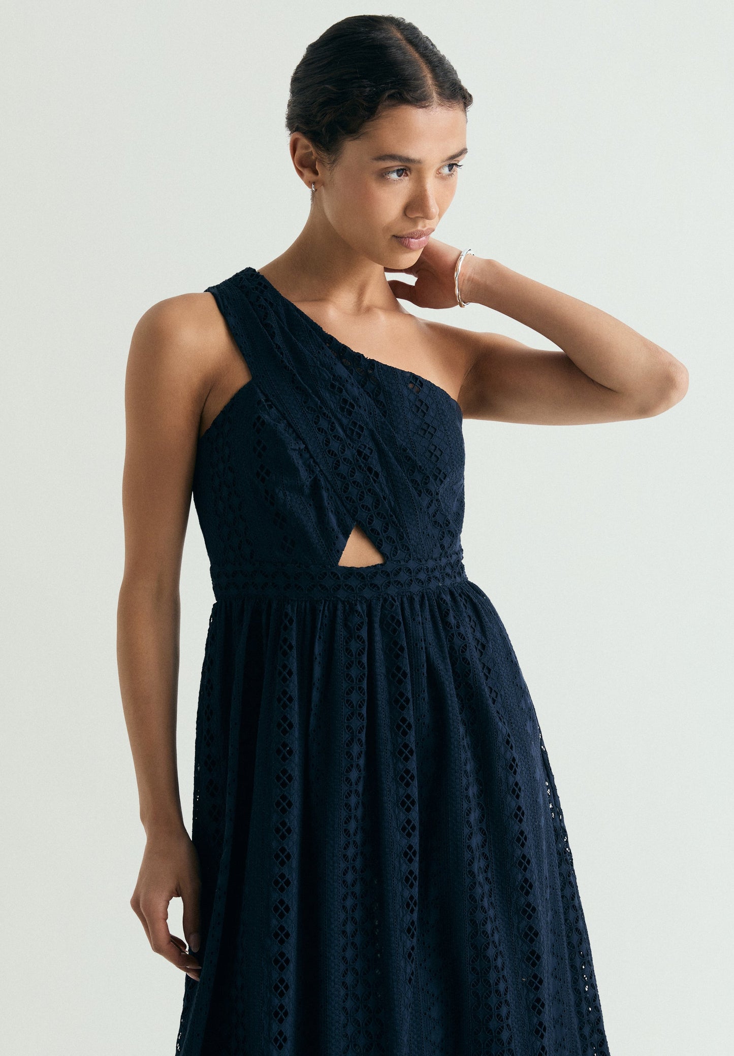 ASYMMETRIC EMBROIDERED MIDI DRESS