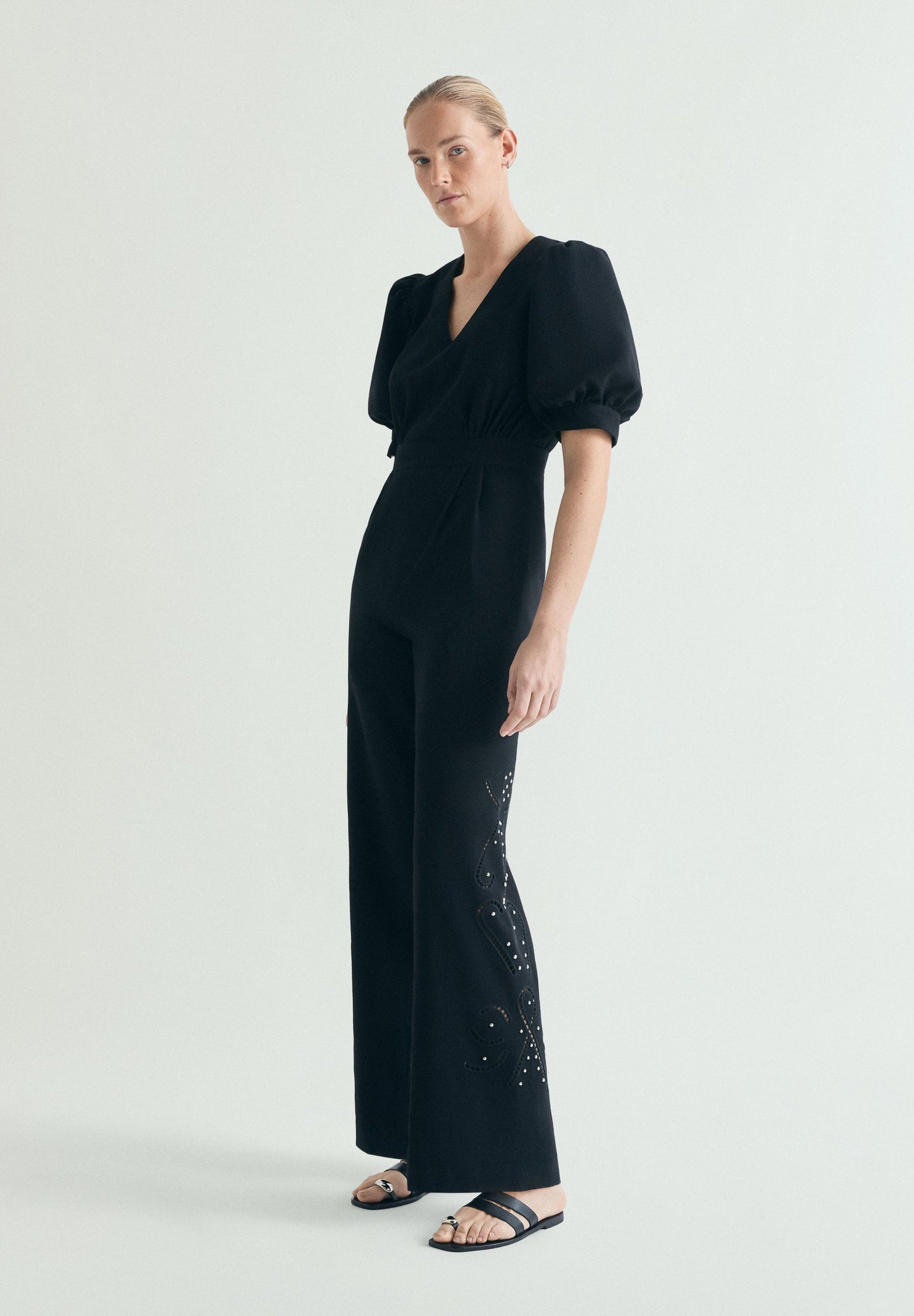 PUFF SLEEVE JUMPSUIT WITH STUDS