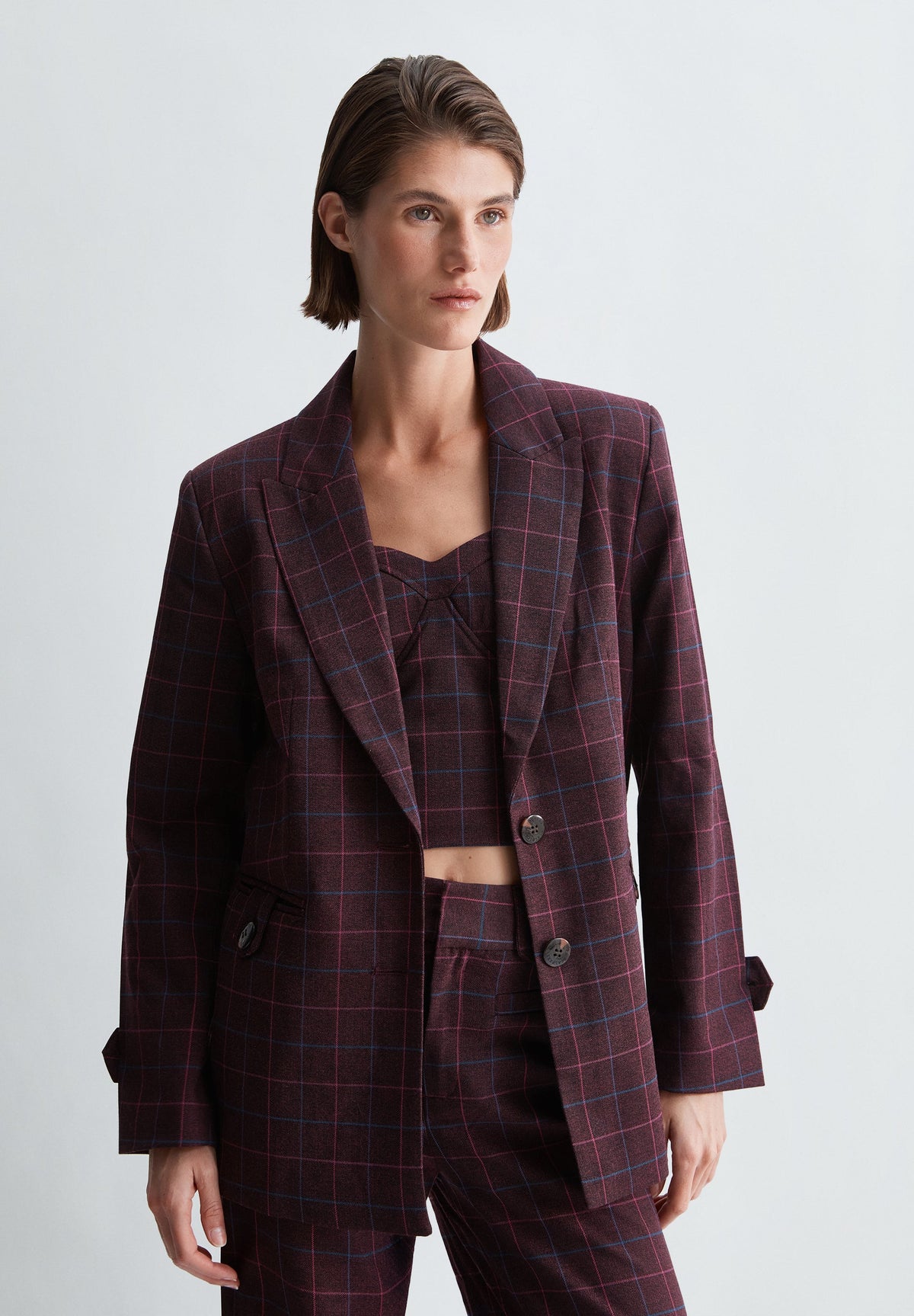 CHECK BLAZER WITH BUTTON DETAIL