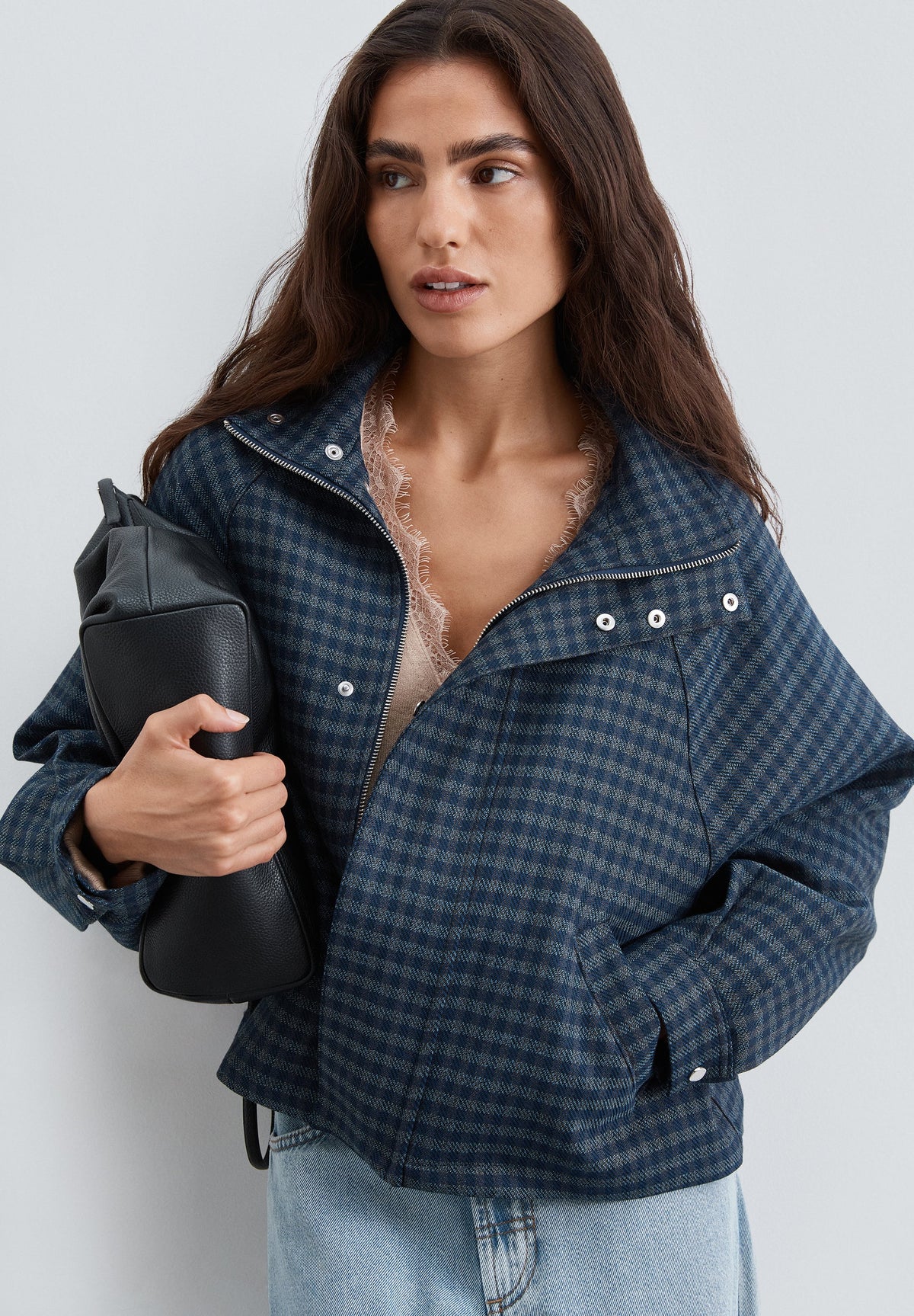 CHECKED HIGH-NECK JACKET
