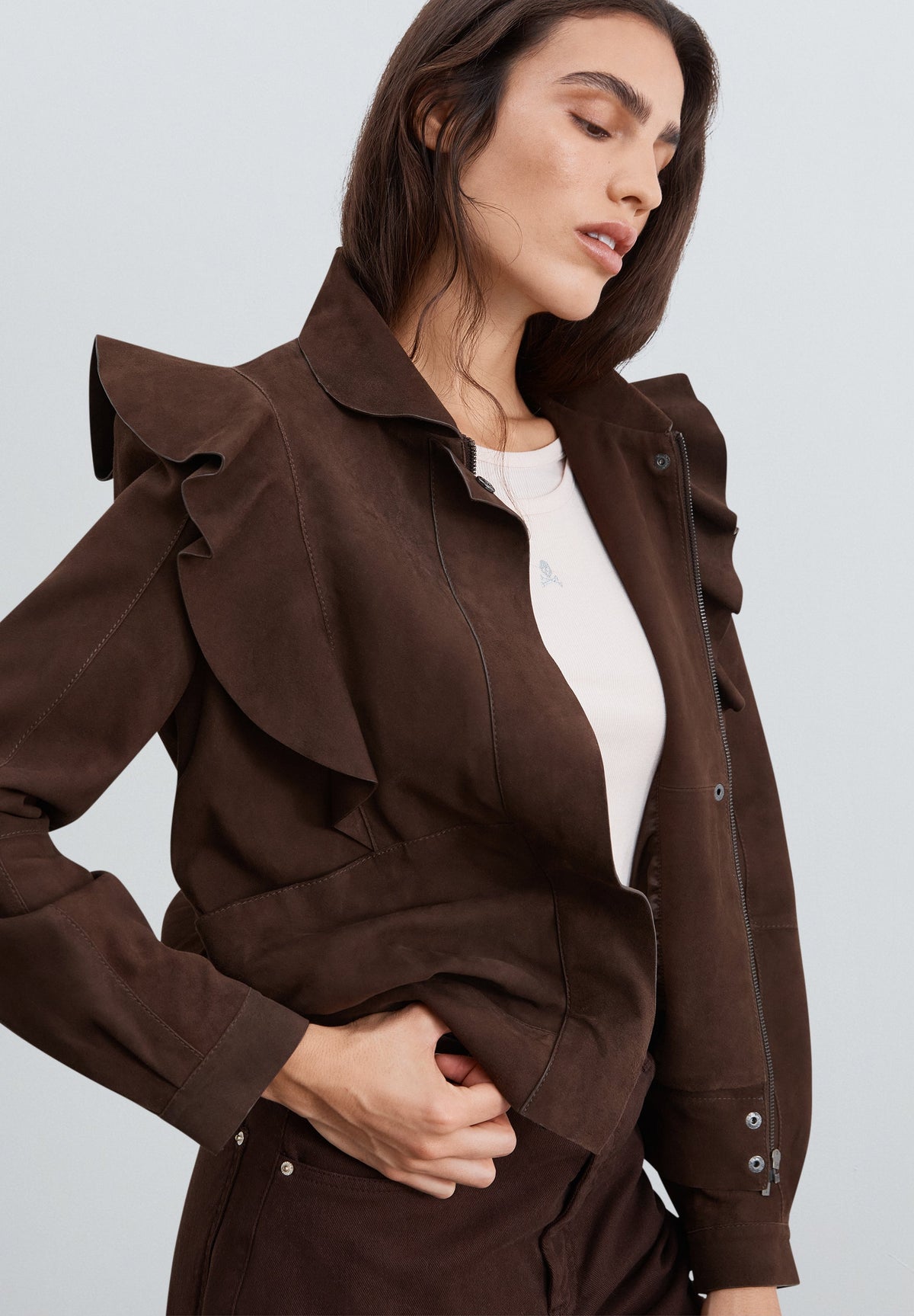 SUEDE JACKET WITH RUFFLE