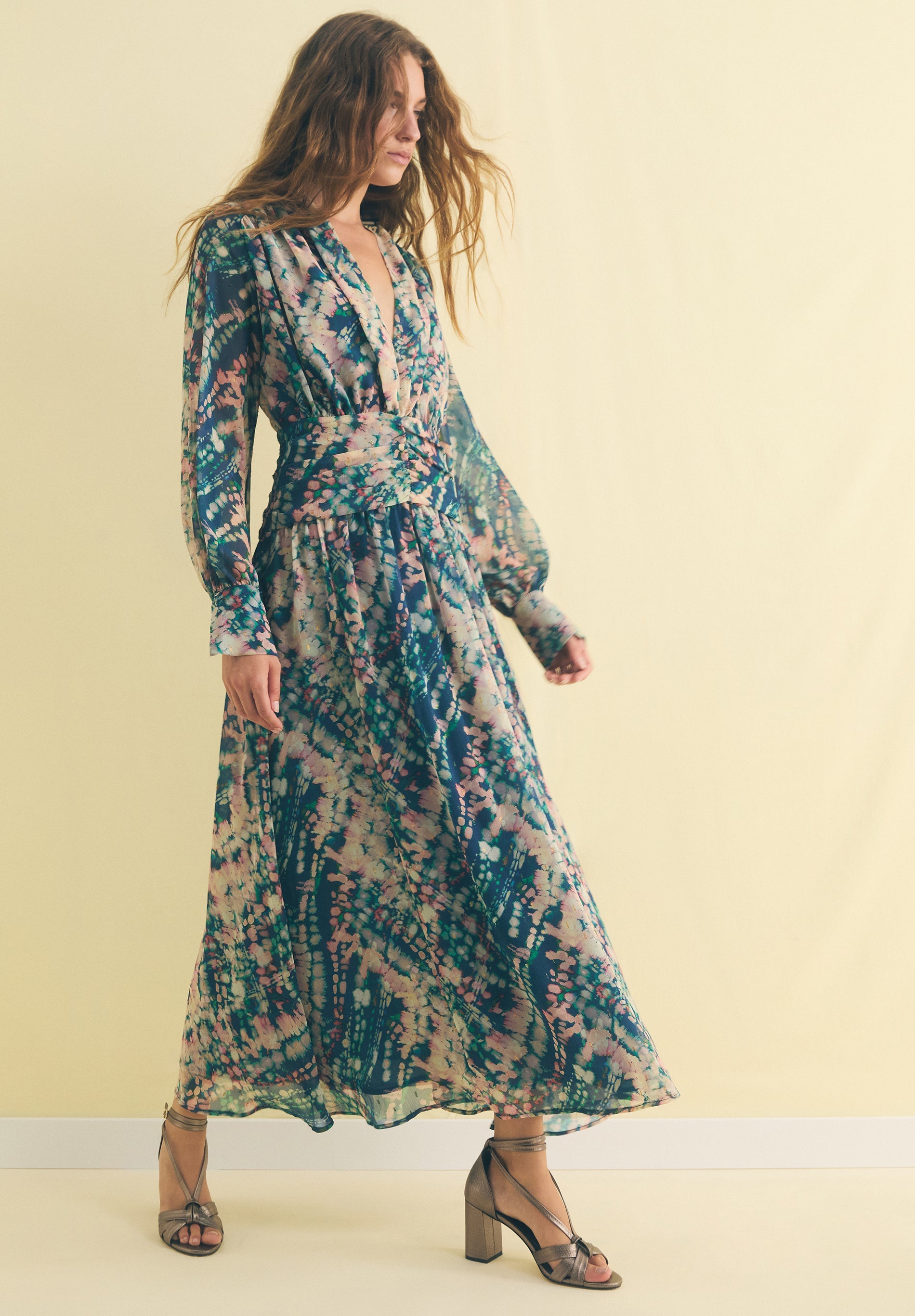 PRINTED DRAPED-WAIST DRESS