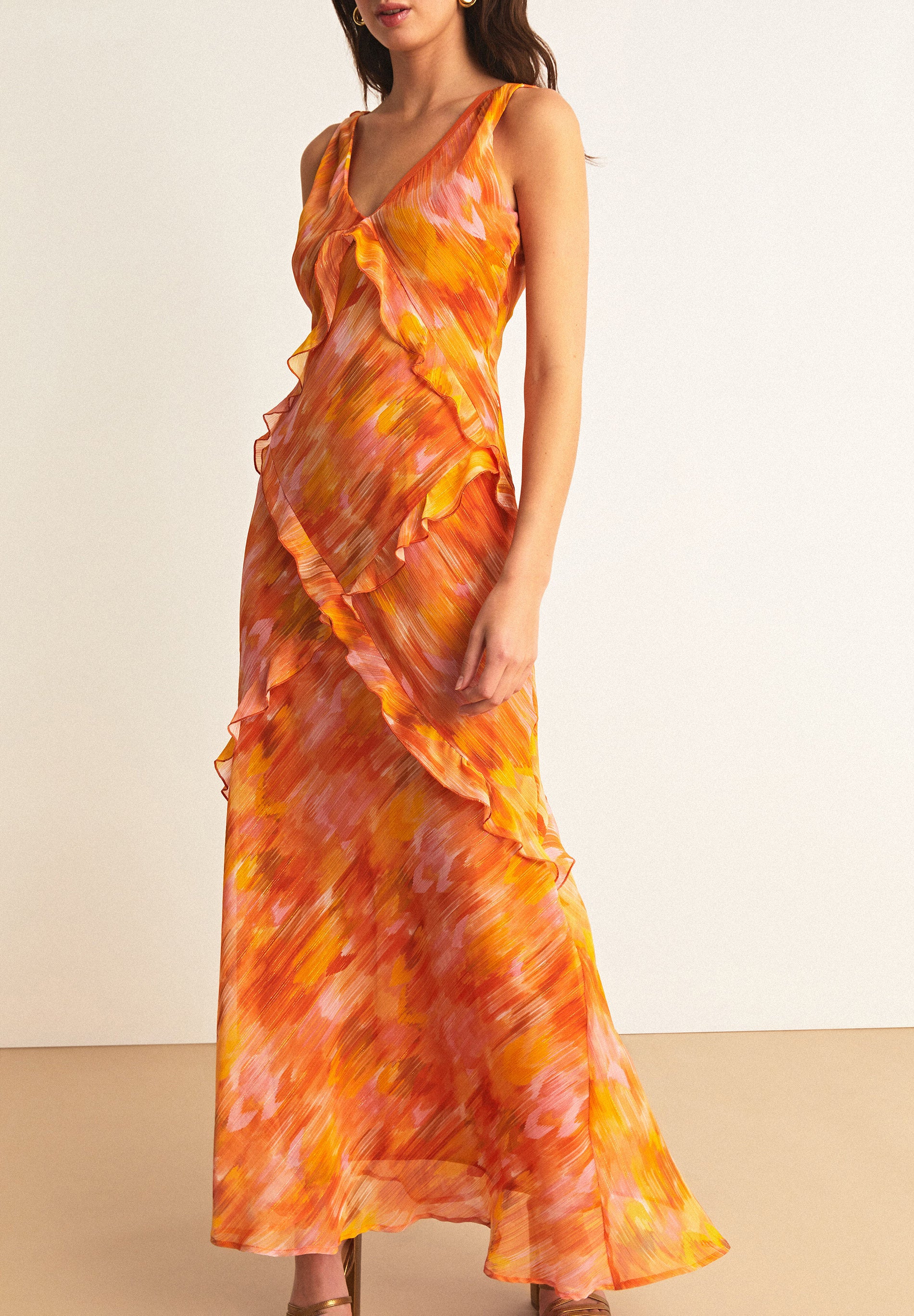 FLOWING PRINTED DRESS WITH FRILLS