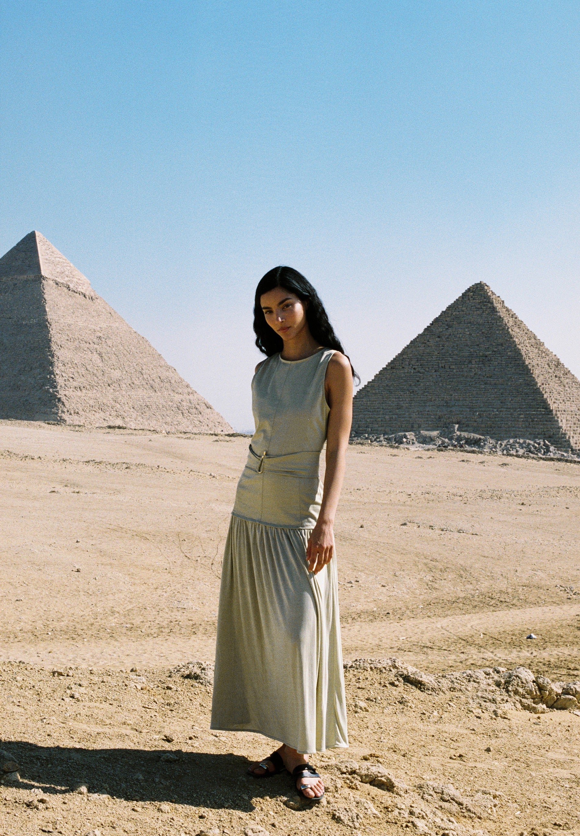 DRAPED MIDI DRESS WITH METAL DETAIL