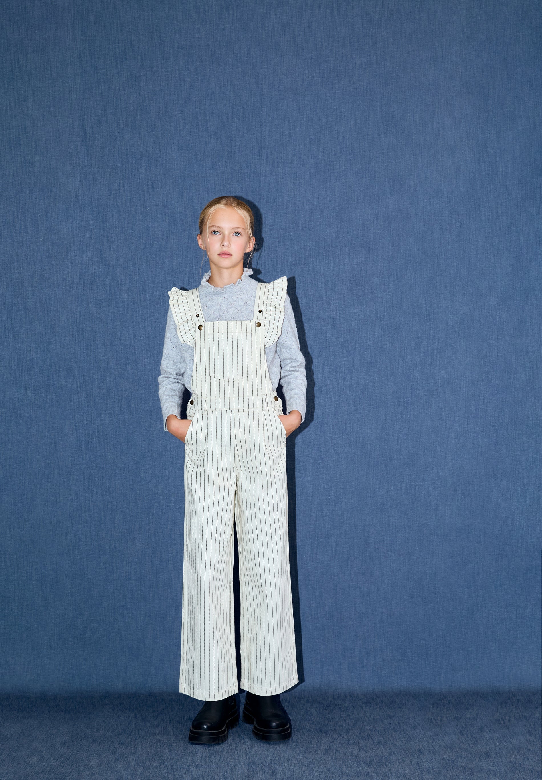 STRIPED DUNGAREES WITH RUFFLE